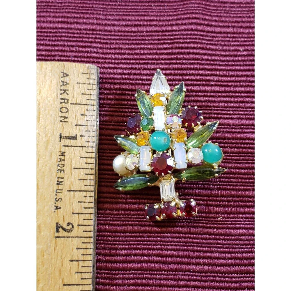 Vintage Unsigned Multi Colored Faux Pearl, Rhinestone, Bead Tree Pin/Brooch